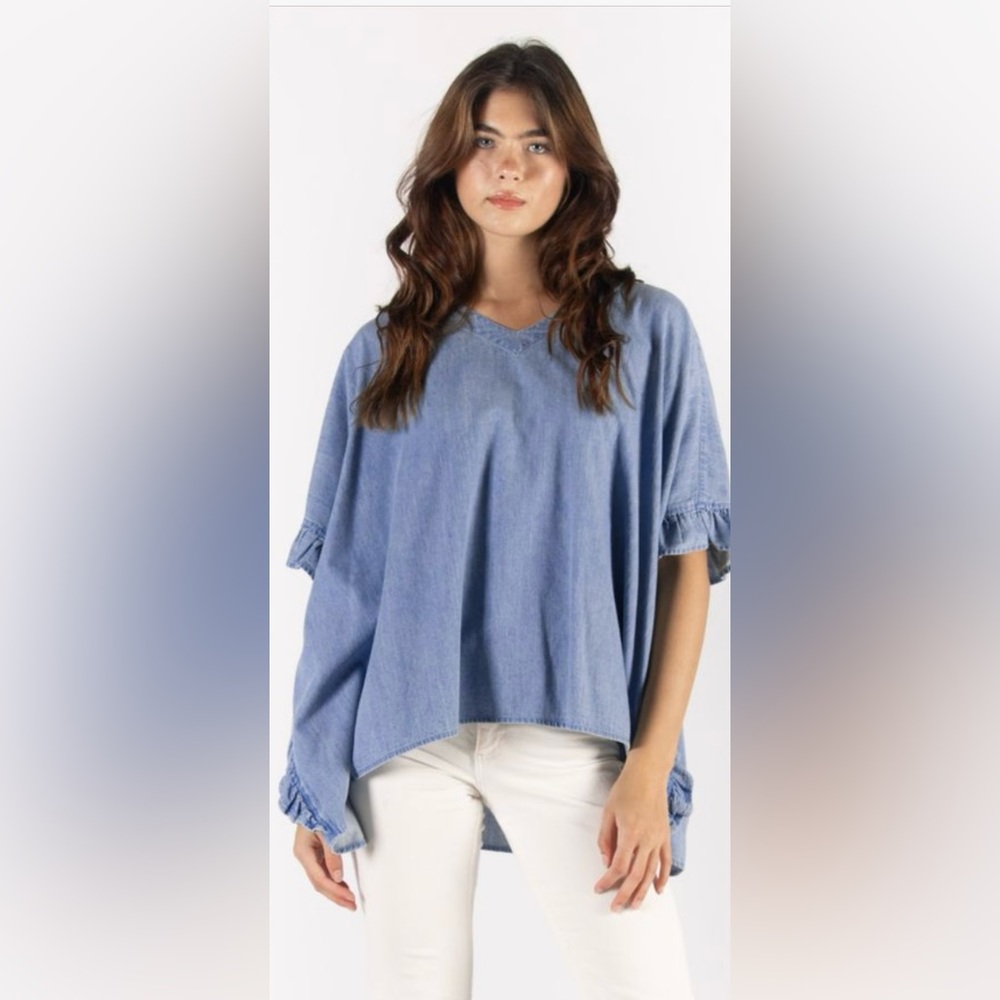 Before You Denim/Chambray Poncho w/ Ruffled Sleeves